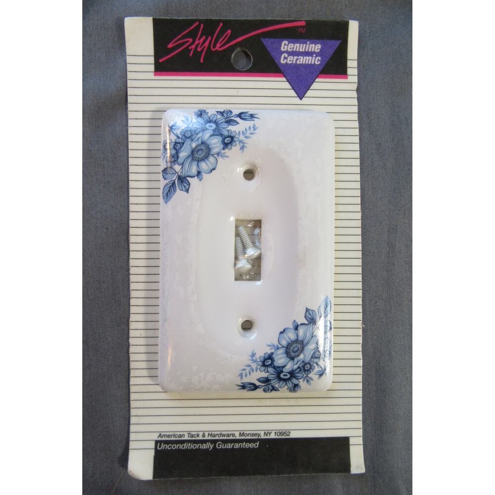 Vintage AmerTac Ceramic Single Light Switch Cover. White with blue flowers. New